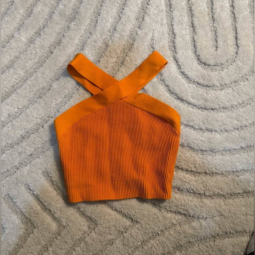 Orange Cross-Strap Ribbed Crop Top